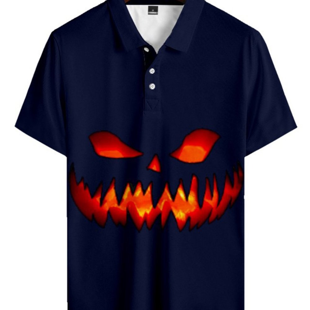 Men's Lapel Shirt Halloween Elements 3D Printing Short Sleeve Polo Shirt Top - Picture 7 of 9